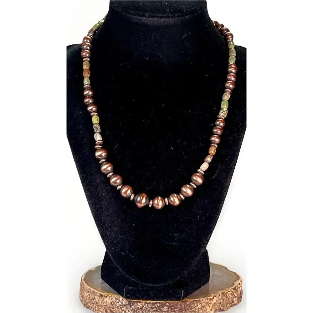 Royston Turquoise Oxidized Copper Desert Pearl 16” Southwestern Beaded Necklace - Picture 2 of 13